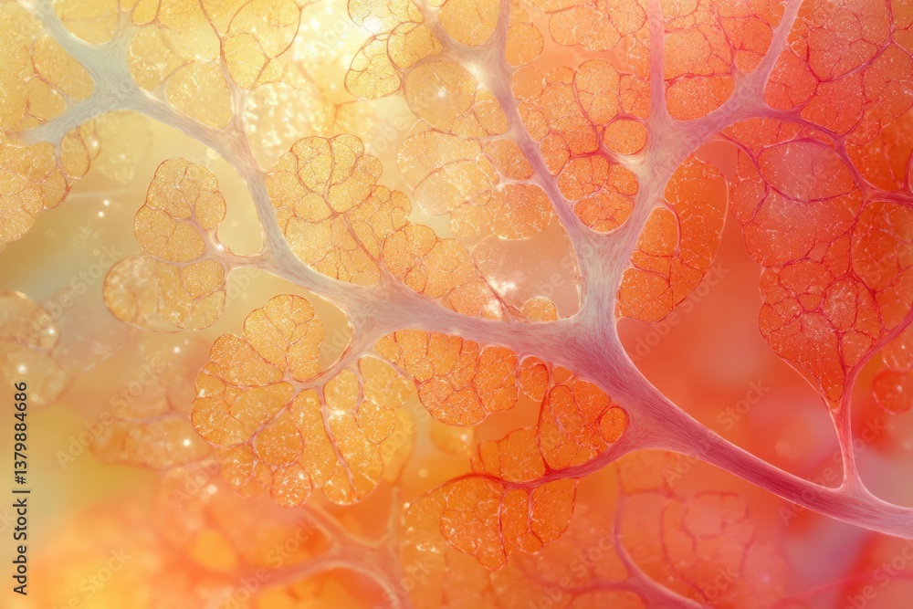 Poster abstract macro image featuring a branching network in shades of orange, yellow, and white, resemblin