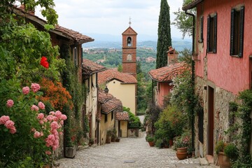 Old European street with pink buildings and flowering plants