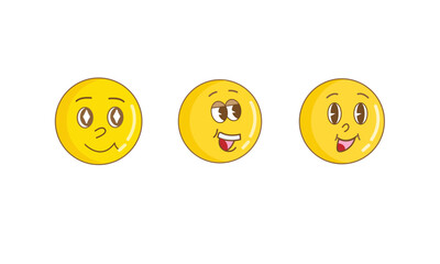 Set of groovy style emoji, groovy faces, eyes, and mouths. Vintage, retro, vector illustration, in yellow color.
