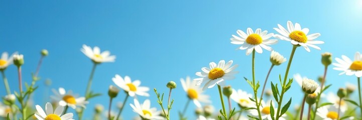Chamomile flowers blooming against a clear blue sky,  flowers,  beauty