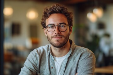 Obraz premium Portrait of a cheerful young man wearing glasses and a sweater smiling indoors