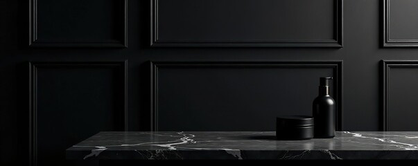 Black tabletop on classic wall panels background for product presentation Empty marble dark countertop for luxury cosmetics advertisement design,  marble,  design