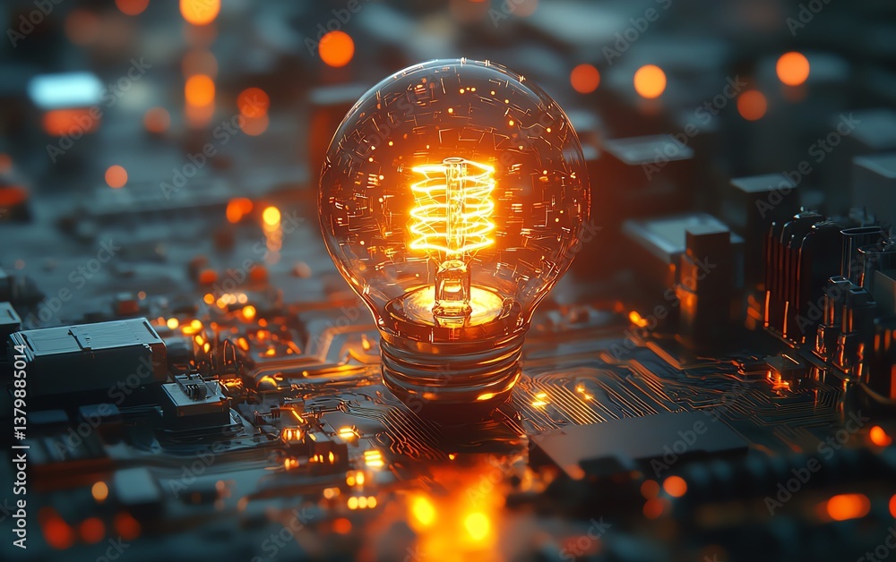 Aufkleber a glowing light bulb on the background of a futuristic electronic circuit, representing the connecti