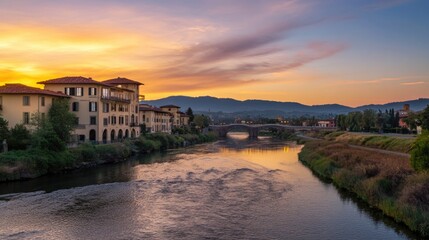 Downtown Napa Sunset: River City Skyline with Architectural Buildings