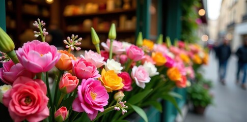 Bouquets of vibrant spring flowers on display outside a charming local florist in Paris, France,  local, Paris