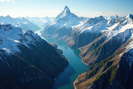 Breathtaking aerial view of snow-capped mountain range and winding river,  wilderness,  snow