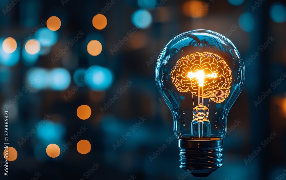 Aufkleber conceptual light bulb with a glowing human brain inside, representing innovative ideas and insight, 