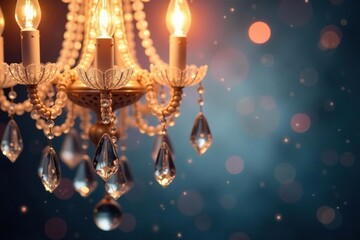 Close up of stunning crystal chandelier light against dreamy filter effect background, luxury,  high-end