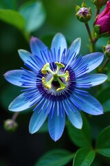 Close up of a vibrant blue passionflower blooming in a garden,  botanical,  flora