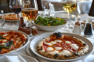 Delicious Pizza with Mozzarella and Tomato, Served with a Side Salad and Wine: A Culinary Delight in a Restaurant Setting.