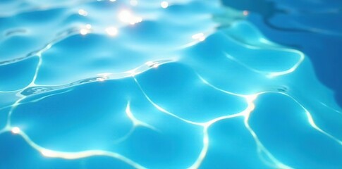 Obraz premium Blue water surface with ripples, splashes, and bubbles under sunlight, ideal for cosmetic products, background, toner