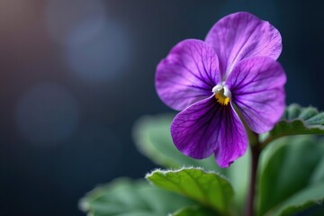 Close up of a vibrant purple African violet flower blooming with delicate petals and fuzzy green leaves on a blurred background,  blooming,  purple