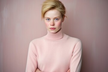 A woman in a pink sweater is looking at the camera