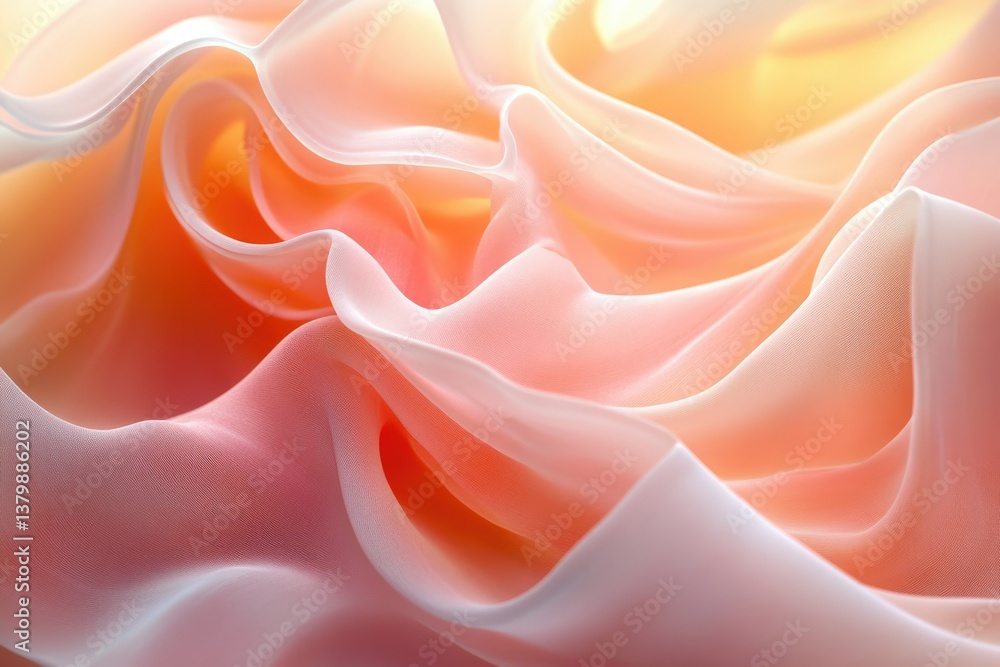 Poster Abstract waves of flowing, translucent fabric in shades of peach and white create a soft, ethereal, and calming visual texture.
