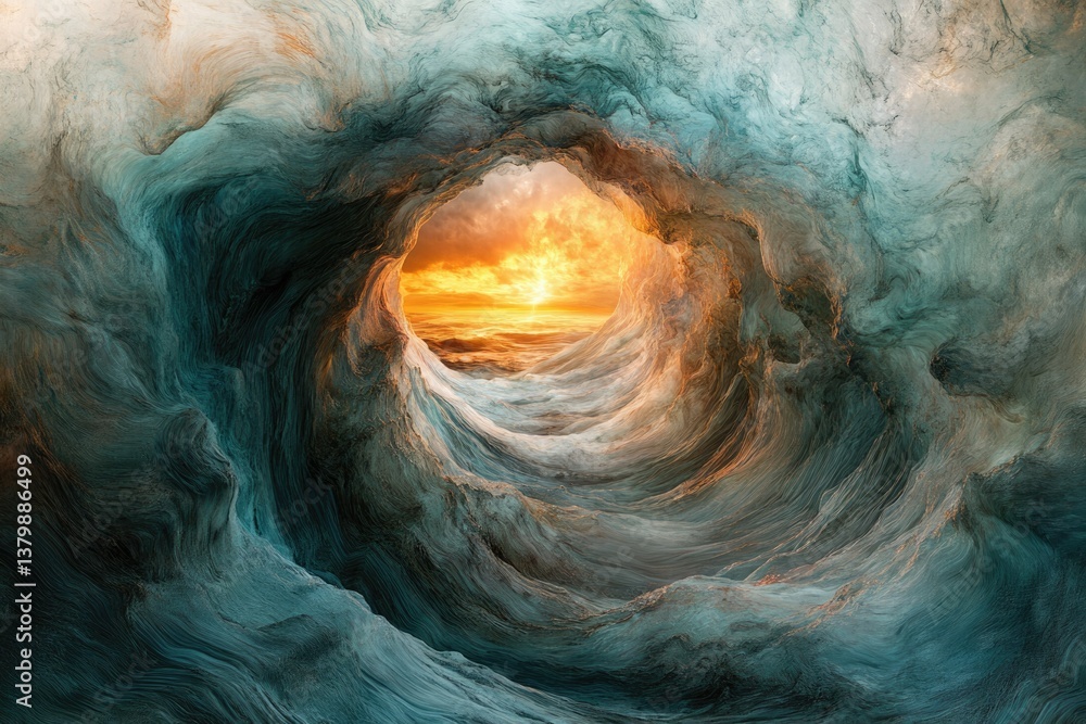 Poster a swirling vortex of oceanic blues and grays frames a fiery sunset over the ocean, creating a dramat