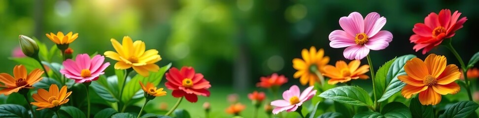 Fototapeta premium Blooming colorful flowers and green plants beautifully arranged in a home garden, lush, bright