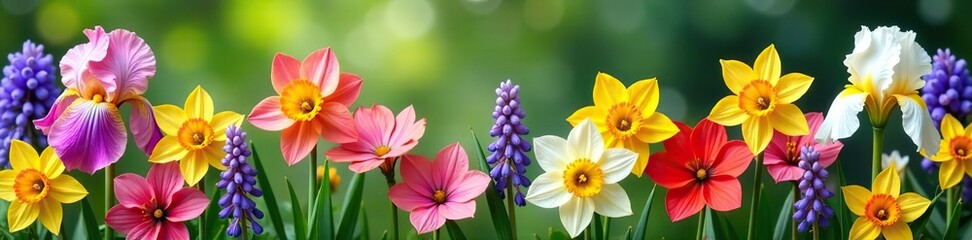 Blossomed garden flowers and floral border with iris, daffodil, protea Botanical decoration for spring and summer,  flowers,  garden