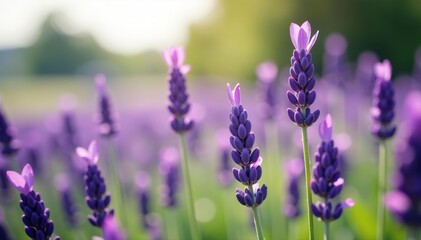 Obraz premium Close-up of blooming lavender flowers in a field, with soft focus background, fragrance, calming