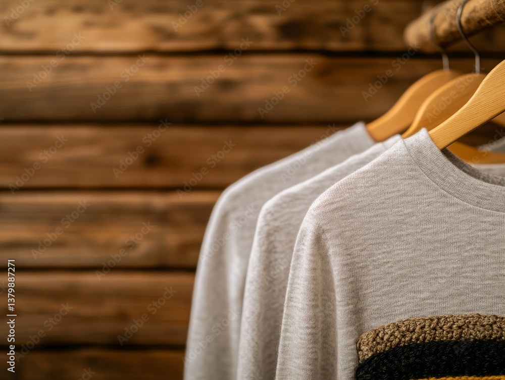 Aufkleber Shirts hanging on wooden rack in a rustic setting showcasing simple and stylish design options