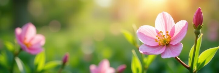 Fototapeta premium Blurred background of blooming flowers and greenery in spring, vibrant, soft focus
