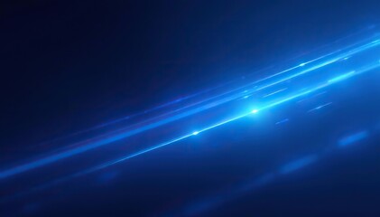 Obraz premium Bright blue light rays and stripes moving with speed and motion blur on dark blue background, stripes, futuristic