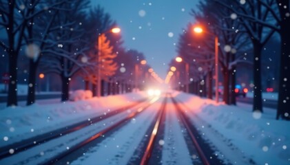 Fototapeta premium Blurred snowy road with neon city lights reflecting, falling snowflakes and bokeh effects, snowy road, background