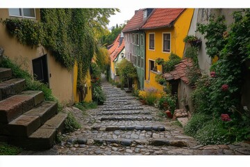 Stone stairway between colorful houses with green plants on each side