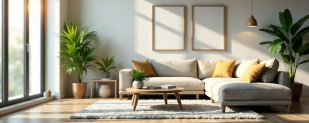 Obraz premium Blurred stylish living room with comfortable sofa and houseplants, sofa, blurred