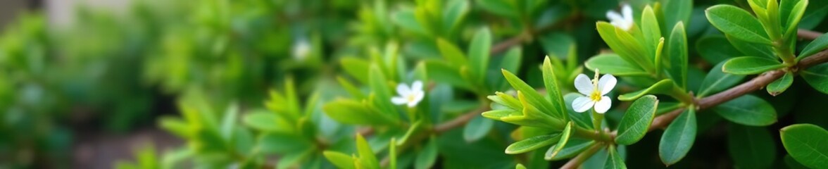 Close up of coastal Rosemary Westringia Wynyabbie Gem plant with small white flowers blooming amidst green foliage,  green,  blooming