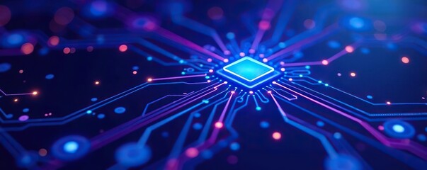 Blue and purple technology background with interconnected circuit design,  connection,  futuristic