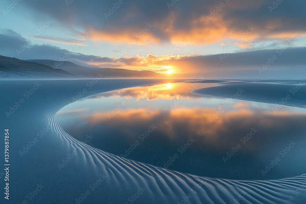 Poster reflections of sunset on a tranquil beach create a serene and calming landscape with stunning colors