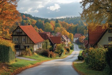 Charming European village with colorful houses in golden autumn