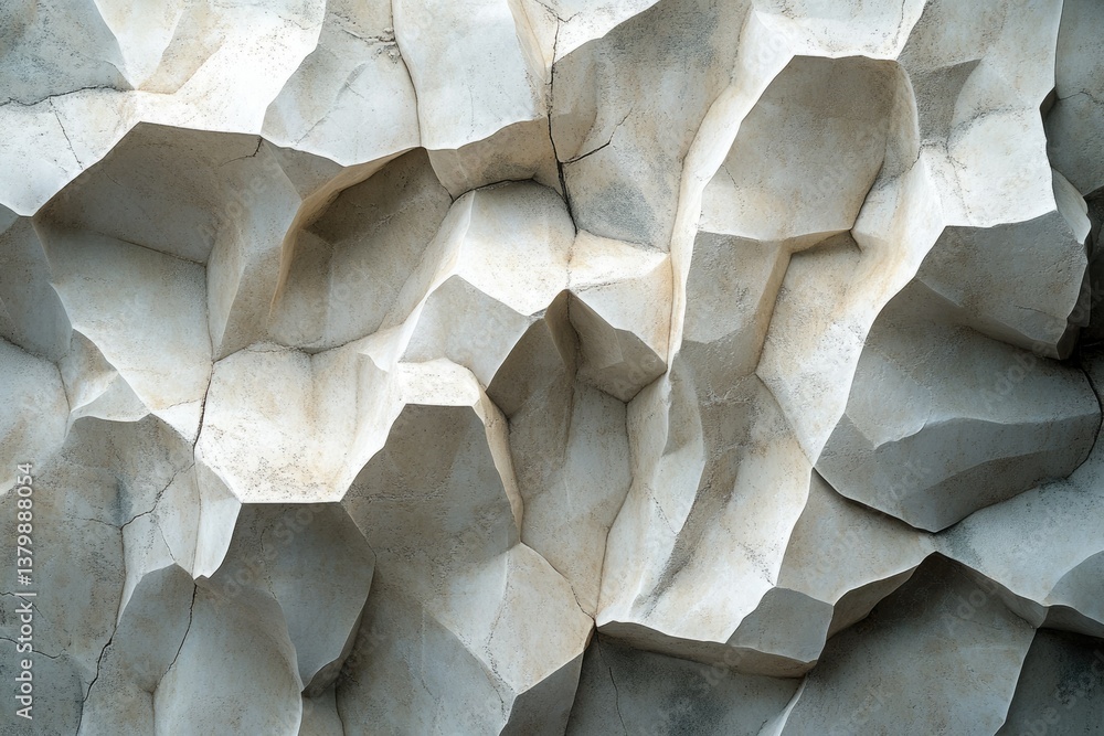 Aufkleber Close-up of a white basalt rock formation showing polygon-shaped cracked columns of stone with intricate patterns and geological texture.
