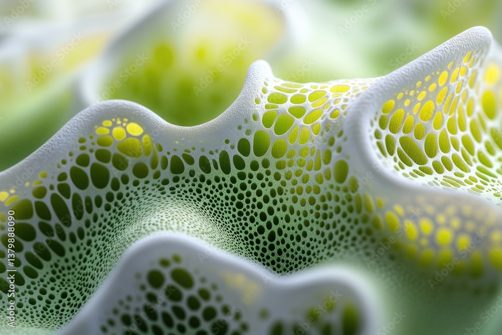 Leinwandbilder A macro photograph capturing the intricate cellular structure of a plant leaf, displaying a vibrant green and porous pattern.