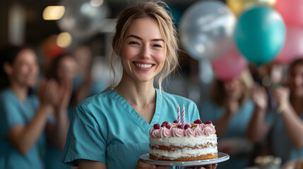 A happy senior nurse smiling while holding a birthday cake, celebrating with joy and warmth in a hospital setting.
