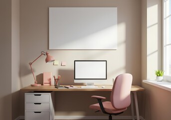 Modern Home Office with Computer and Blank Poster Mockup