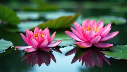 Close-up of vibrant water lily flowers floating on serene pond surface, water lily,  close-up