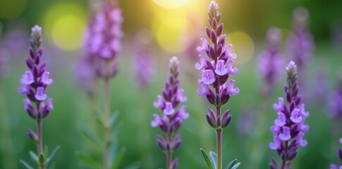 Fototapeta premium Close-up of delicate purple Rosemary flowers blooming in a garden, natural, beauty
