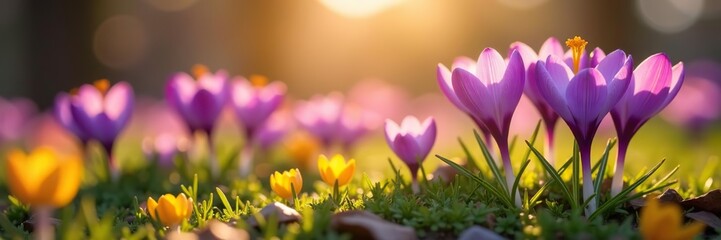 Fototapeta premium Close-up of vibrant wild crocus flowers basking in the sunlight, creating a scenic postcard-worthy image of springtime nature, vibrant, flowers