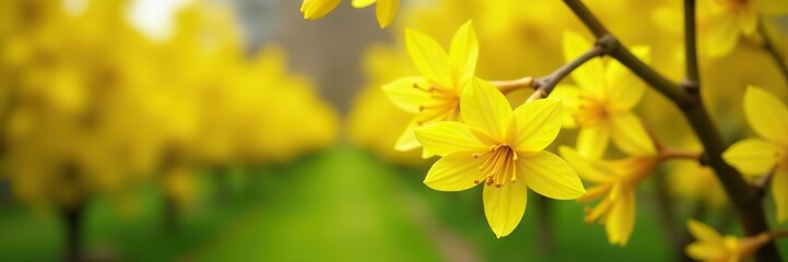 Obraz premium Closeup of vibrant yellow forsythia flowers blooming in a spring garden, blooming, nature