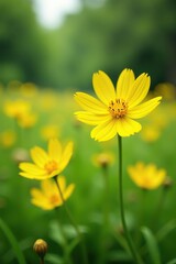 Closeup of vibrant yellow hieracium flowers in a meadow with soft focus background,  nature,  wildflowers