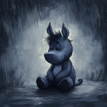 Eeyore. Sad Eeyore Drawing in Rainy Setting with Vignetting Effect