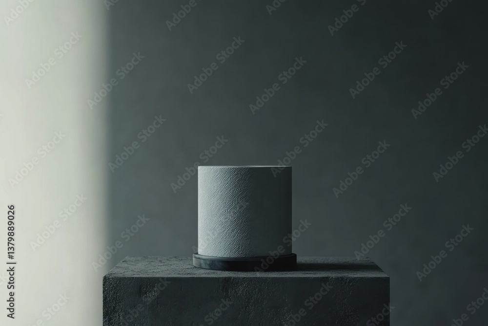Poster Minimalist concrete cylinder on dark pedestal with soft light creating shadows and textures in a modern interior setting