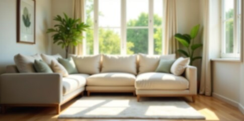 Blurred home interior background with comfortable couch and soft natural light filtering through windows,  relaxing,  peaceful