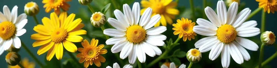 Close-up photo of a botanical collection featuring Chamaemelum nobile, Roman chamomile, and English garden chamomile flowers,  bloom,  garden