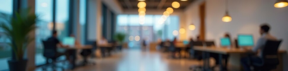 Blurred image of modern office interior with bokeh lights, creating a warm and inviting atmosphere,  ambiance,  contemporary