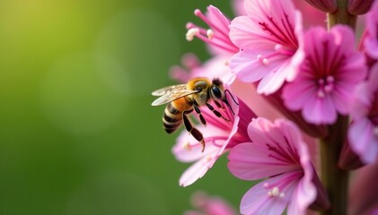Fototapeta premium Close up photo of a honey bee Apis mellifera pollinating on pink great hairy willowherb Epilobium hirsutum flowers, insect, Apis mellifera
