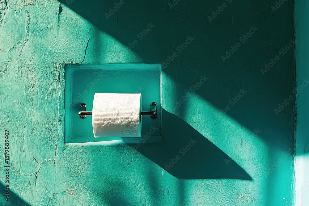 Poster bathroom with turquoise wall showing a roll of toilet paper and shadow patterns in bright sunlight