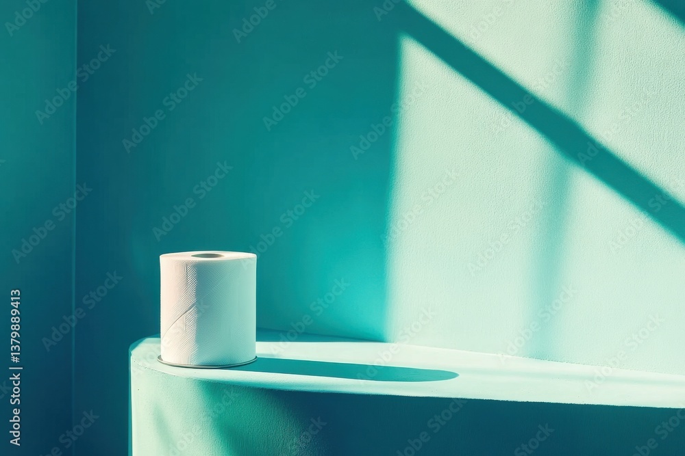 Aufkleber Minimalist still life with white paper roll on aqua background and soft shadows in a brightly lit space