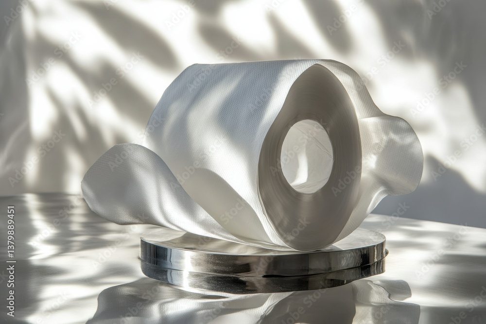 Poster Creative display of a roll of paper towel elegantly arranged on a shiny base with soft shadows casting around it